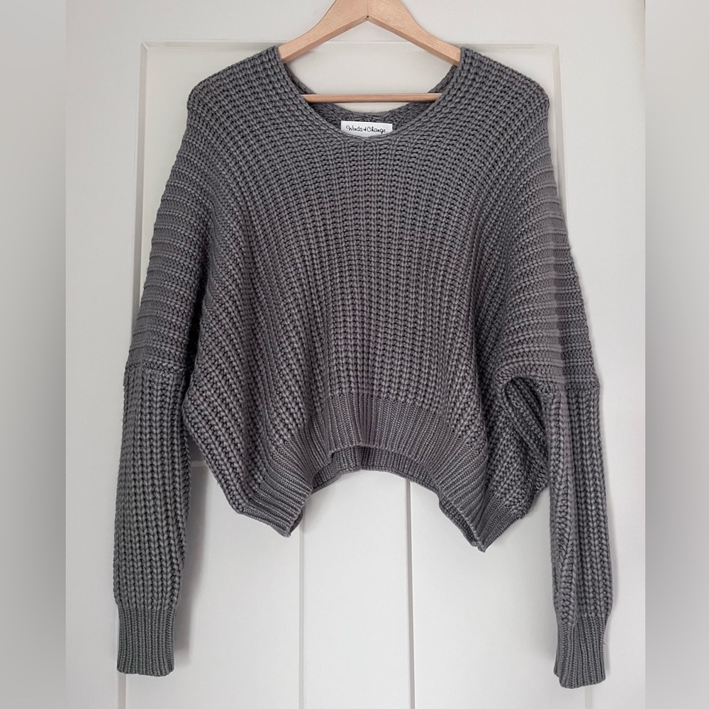 V-Neck Gray Waffle Knit Sweater -